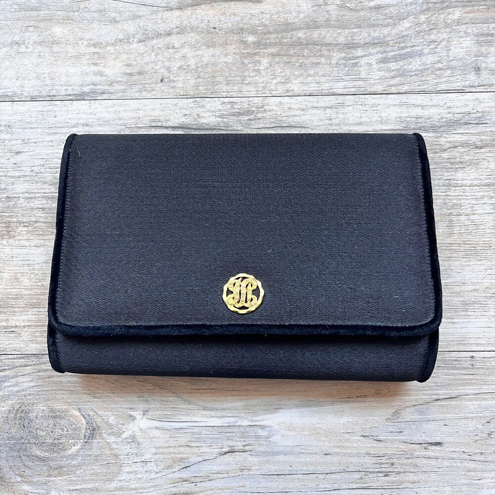 Bienen-Davis Black Satin Clutch Evening Bag Gold Monogram Clasp Vintage